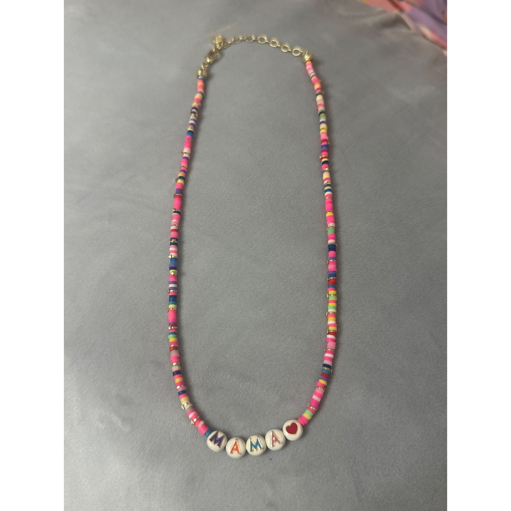 Kendra Scott Mama Heishi Bead Necklace Multi Color Heart Charm Gold Tone